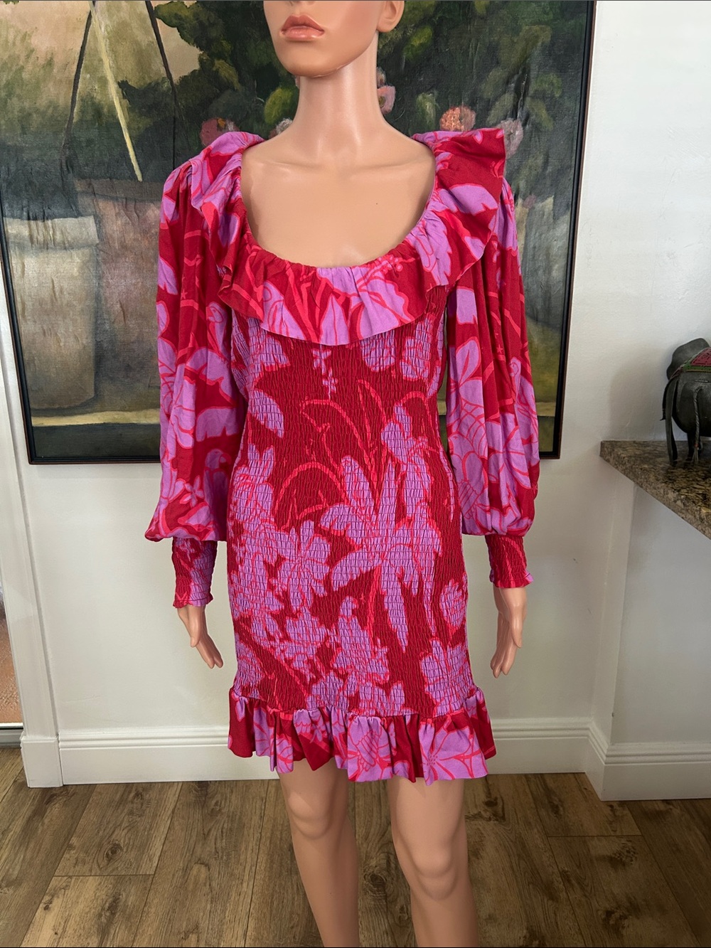 NWT Farm Rio "Living nature burgundy" smocked mini dress